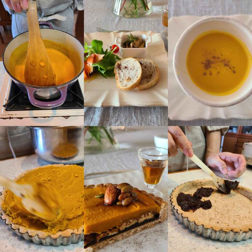 作業風景と盛り付けられた菓子と料理