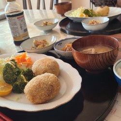 コロッケとサラダ、焼き茄子、切り干し大根煮物