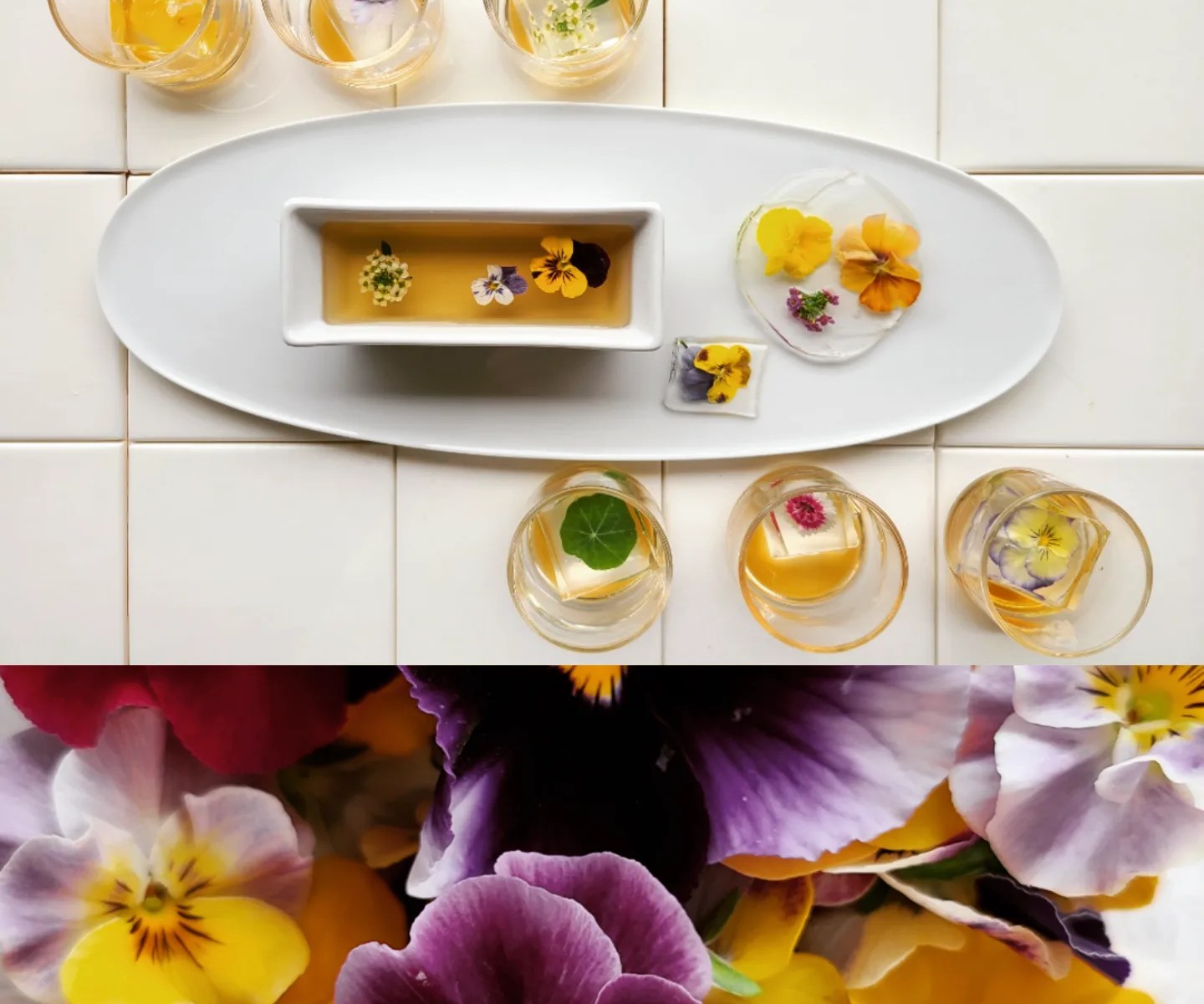 春の花たちとゼリーにした数種類のスイーツが並んでいます