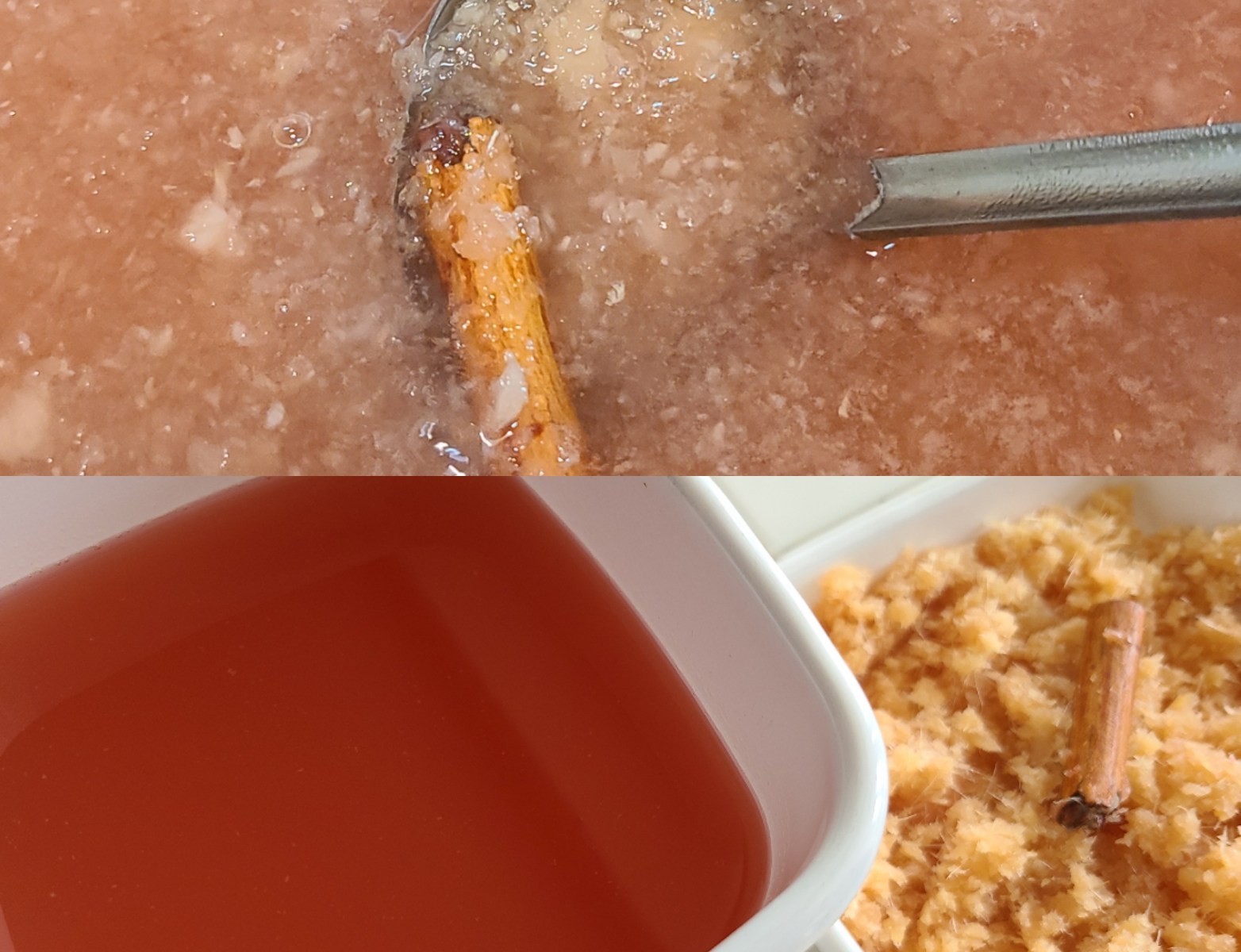 出来上がったシロップと絞った新生姜が容器に