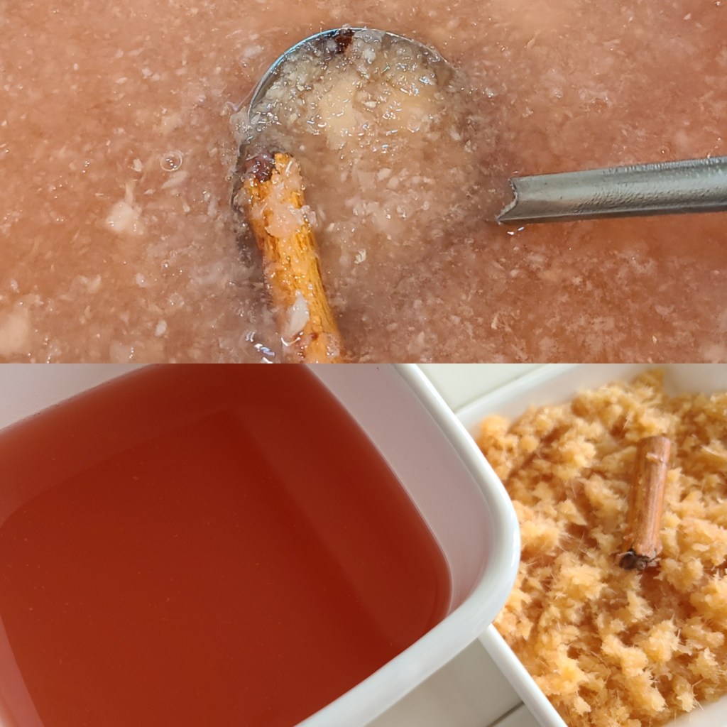 出来上がったシロップと絞った新生姜が容器に