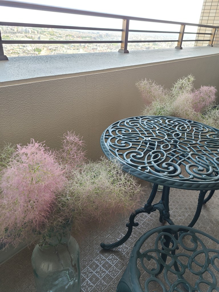 ベランダにベンチとスモークツリーが並んでいます