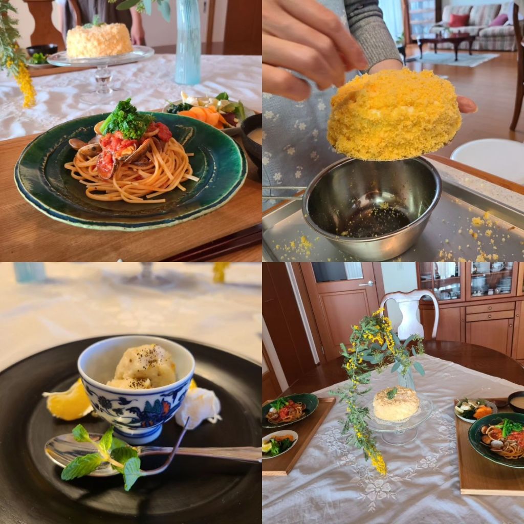 2月レッスン風景&料理菓子が並んでいる