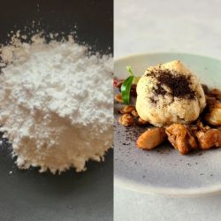 黒器に米粉　更に焼き菓子が盛り付けてある