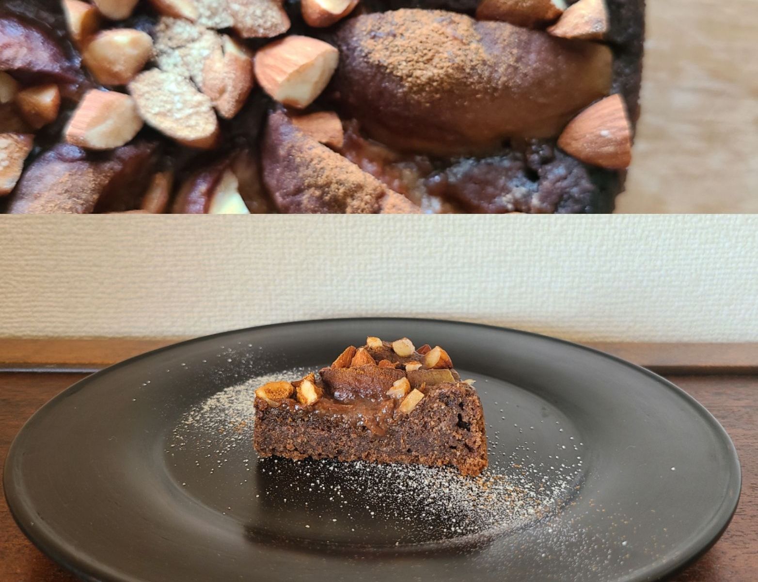 焼き上がったホールケーキ&カットしたケーキか黒皿に。