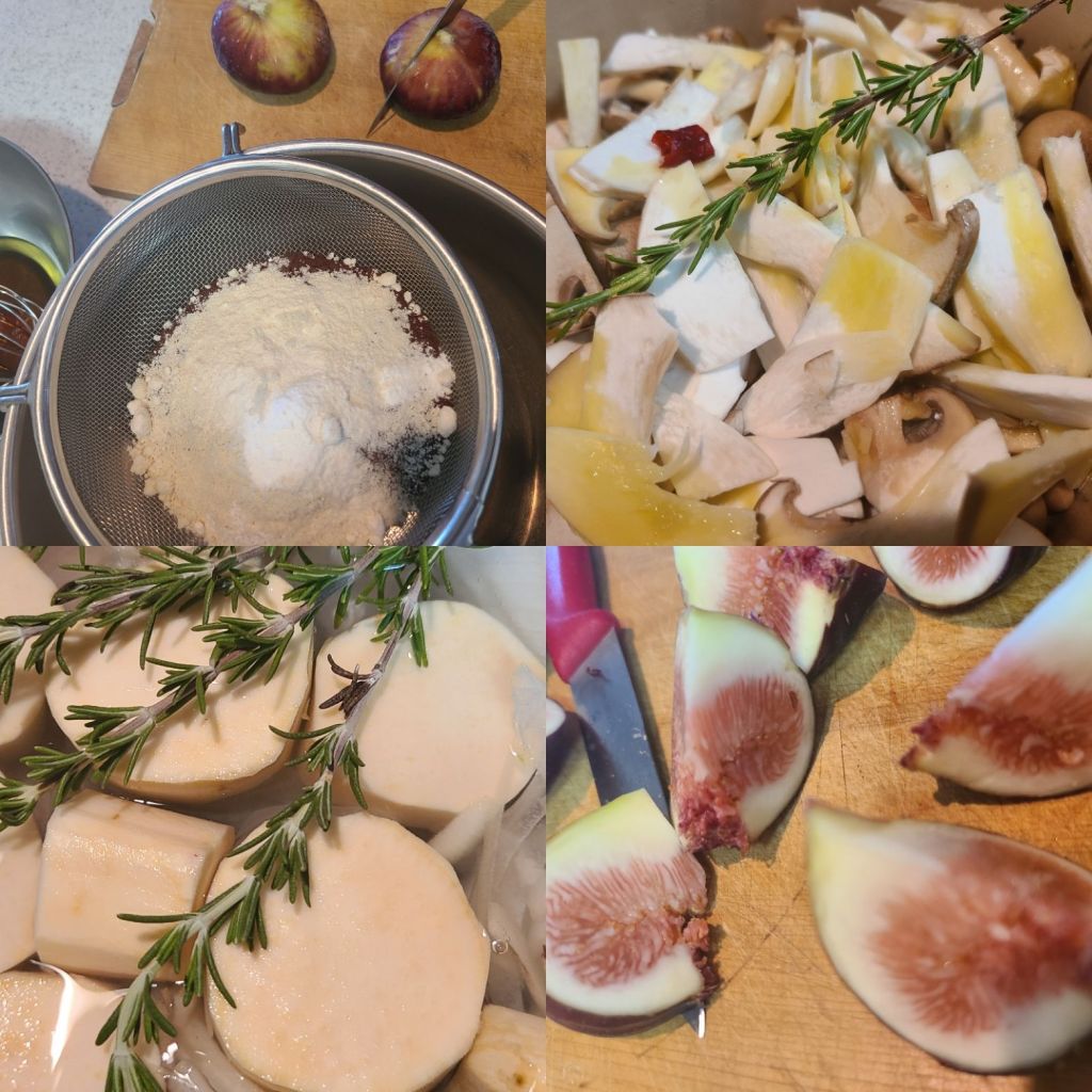 無花果のカットやさつま芋の煮ている作業風景