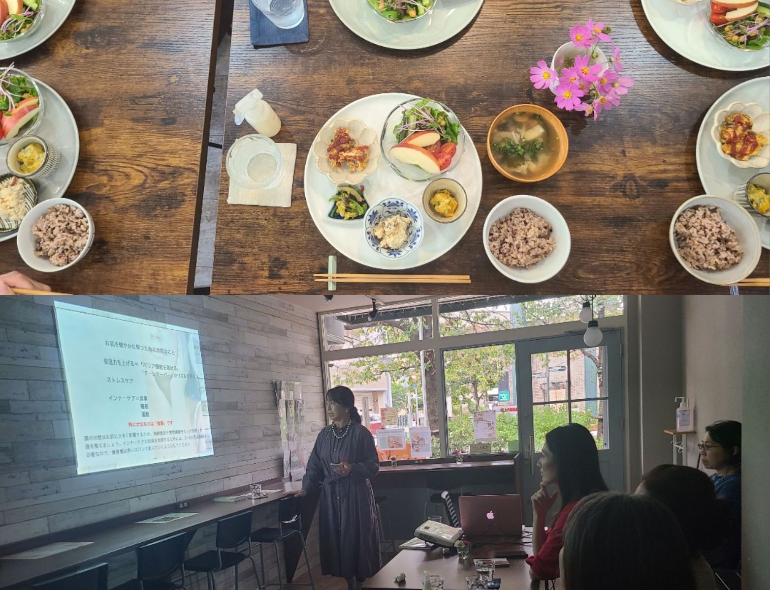 壁にスライド&テーブルにランチプレートが並んでいる