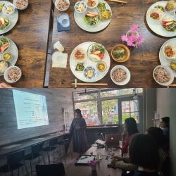 壁にスライド&テーブルにランチプレートが並んでいる