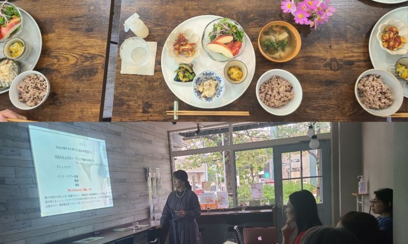 壁にスライド&テーブルにランチプレートが並んでいる