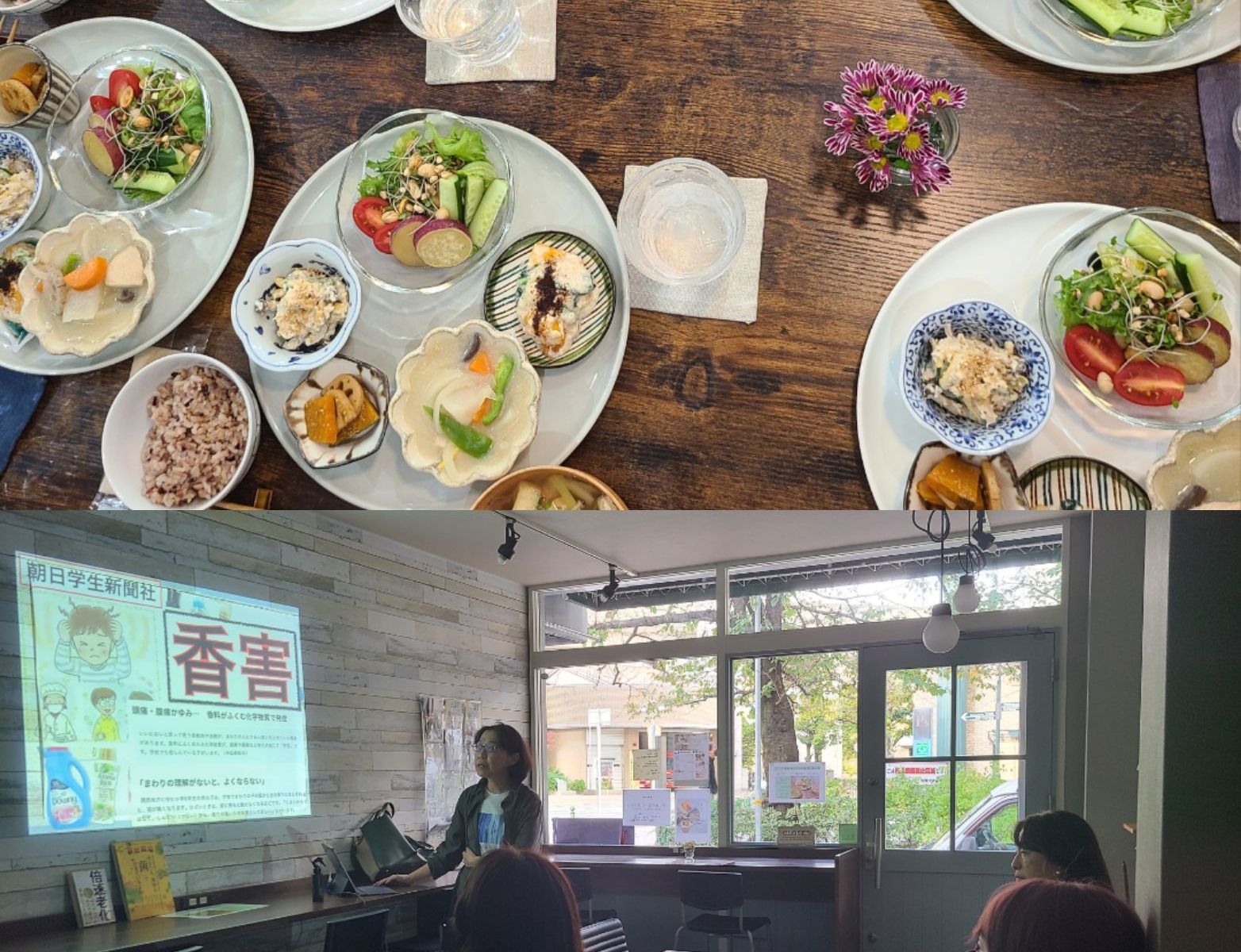 壁にスライド&テーブルにランチプレートが並んでいる