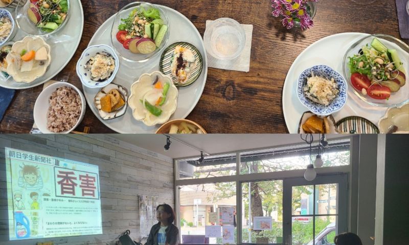 壁にスライド&テーブルにランチプレートが並んでいる