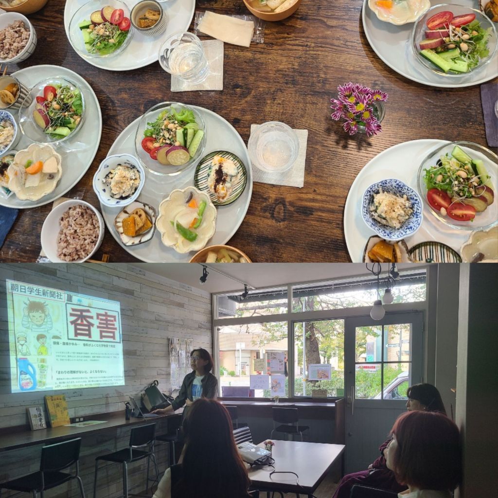 壁にスライド&テーブルにランチプレートが並んでいる