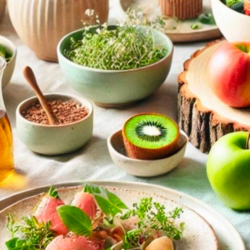 テーブルに元気な果実や野菜、料理が並んでいます