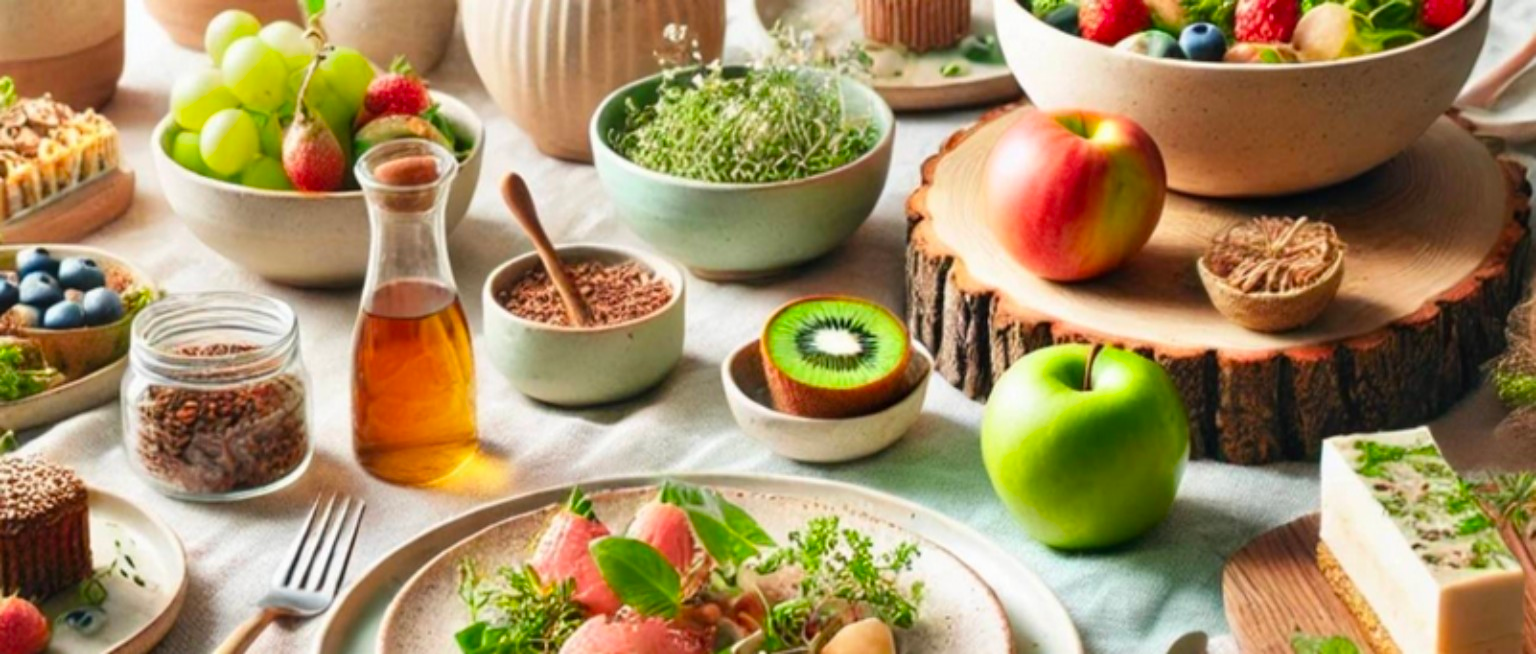 テーブルに元気な果実や野菜、料理が並んでいます