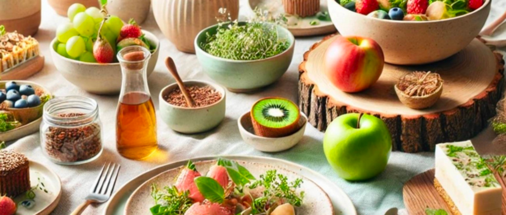 テーブルに元気な果実や野菜、料理が並んでいます