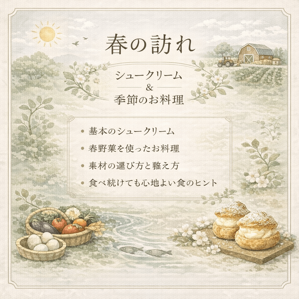 ナチュラルな食循環のイラスト背景にレッスン内容を。